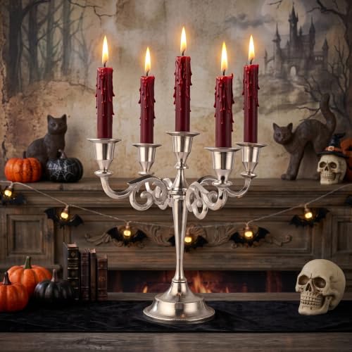 5 Arm Candelabra Taper Candle Holders Decorations Indoor Kitchen Décor Table Candles Candlestick Candelabra Centerpiece (Silver)