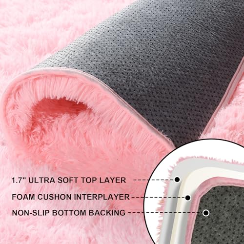 Pink Rug for Bedroom, 2x3 Fluffy Area Rugs for Living Room, Small Fuzzy Shag Soft Carpet with 4 Non-Slip Adhesive Strips for Kids Boys and Girls Nursery Dorm Room Home Decor (2ft X 3ft)