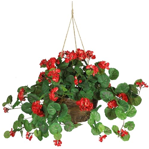 Nearly Natural 24in Artificial Geranium Hanging Basket Faux Floral Plant for Indoor Home Porch Decor, Red