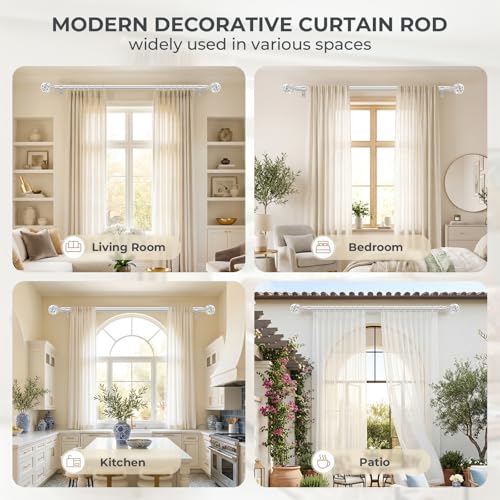 TVWOO Silver Decorative Crystal Curtain Rods:36-88 Inch Heavy Duty Adjustable Window Curtains Rods for Bedroom Living Room,Nickel Modern Girly Acrylic Drapery Rods Set with Sheer Bling Foil Finials