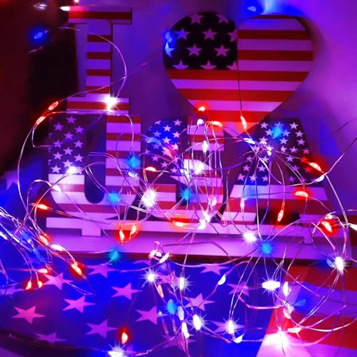 LAMPHOME Red White Blue Patriotic Fairy Lights Plug in, 33Ft 100 LEDs Waterproof Twinkle Firefly Lights, Adaptor Included Starry String Light for Independence Day Patriotic Holidays Decoration