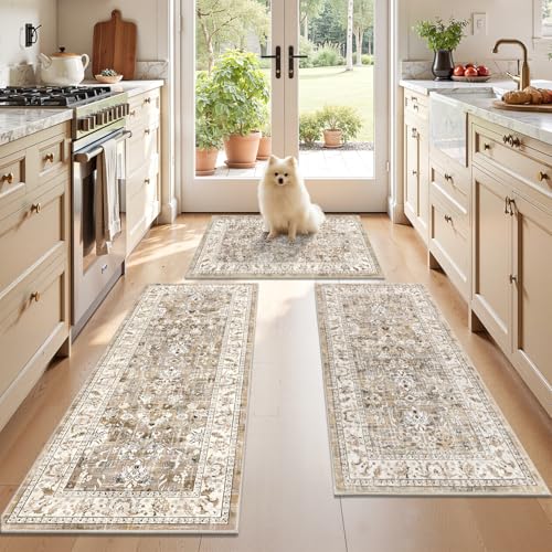 LOKHOM Washable Kitchen Rugs Sets of 3, Non Slip Floral Kitchen Mats for Floor with Rubber Backing, Boho Carpet Runner for Hallways Entryway Laundry Sink (2x3+2x4+2x5, Beige Brown)