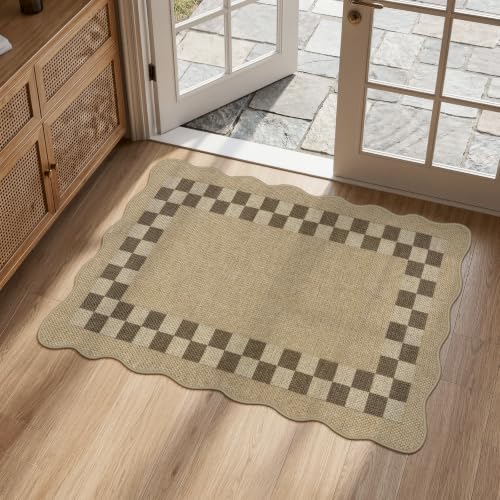 LIVEBOX Scalloped Easy Jute 2x3 Kitchen Rugs, Checkered Indoor Outdoor Rug Doormat, Front Door Mat Entryway Rug Washable Non Slip, Small Outdoor Mats Neutral Carpet for Porch Bathroom Doorway Entrance