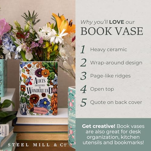 Steel Mill and Co. Ceramic Book Vase - Alice in Wonderland Decorative Vase for Flowers - Bookish Decor Bookshelf