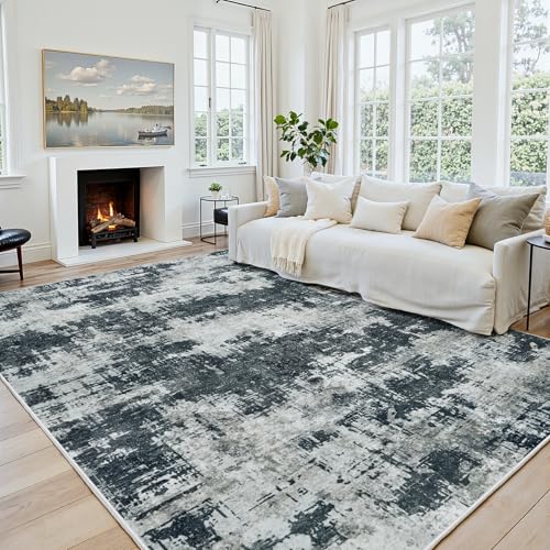 5x8 Area Rugs for Living Room: Washable Soft Black Abstract Bedroom Carpet