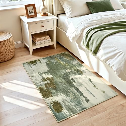 Washable Entryway Rug 2x3, Non-Slip Low Pile Abstract Green