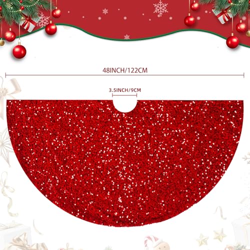 Christmas Tree Skirt 48 Inch, Red Sequin Christmas Trees Skirt, Large Sparkle Xmas Tree Stand Base Used for Christmas Holiday Indoor Home Decoration