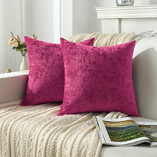 Jeneoo Decorative Fuschia Pink Throw Pillow Covers Rustic Farmhouse Super Soft Square Chenille Comfy Solid Cushion Couch Cases for Sofa Bedroom Chair (Set of 2, 18 x 18 Inches)