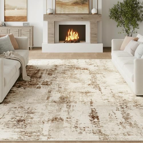 FMFUNCTEX 8x10 Washable Area Rug Brown Beige Neutral Abstract Modern Large Non Slip Carpet for Living Room Bedroom Soft Low Pile Indoor Mat Contemporary Throw Rug for Dining Kitchen Office Nursery
