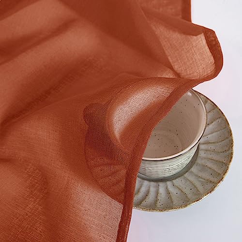 MIULEE Terracotta Linen Textured Sheer Curtains 2 Panels for Bedroom/Living Room Semi Transparent Voile Drapes Rust Boho Orange Rustic Fall Decor Window Panels Rod Pocket, W 54 x L 84 Inches Long