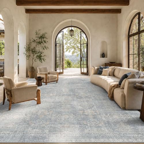 9x12 Area Rugs for Living Room Large Washable Rug, Blue/Beige