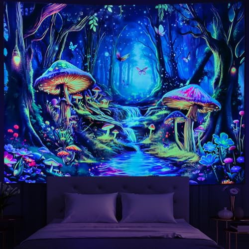 Maccyafst Blacklight Mushroom Tapestry UV Reactive Misty Forest Landscape Tapestry Fantasy Fairy Wonderland Butterflies Wall Hanging Waterfall Jungle Plants Backdrop for Bedroom