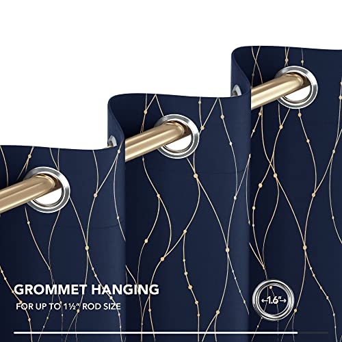 Deconovo Blackout Curtains 2 Panels for Bedroom and Living Room, Gold Foil Wave Lines and Dots, Thermal Insulated Room Darkening Grommet Window Drapes for Nursery, Navy Blue, 52W x 84L Inch
