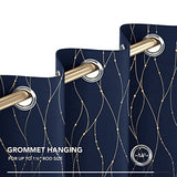 Deconovo Blackout Curtains 2 Panels for Bedroom and Living Room, Gold Foil Wave Lines and Dots, Thermal Insulated Room Darkening Grommet Window Drapes for Nursery, Navy Blue, 52W x 84L Inch