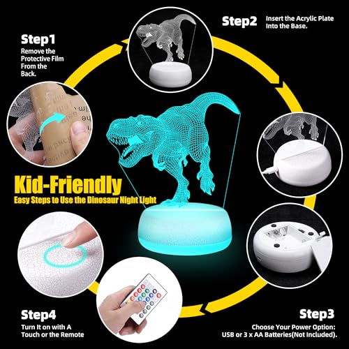 Dinosaur Night Light - 3D Acrylic 16 Color Changing Lamp with 3 Dino Patterns Remote Control, Kids Gift for Birthday Christmas