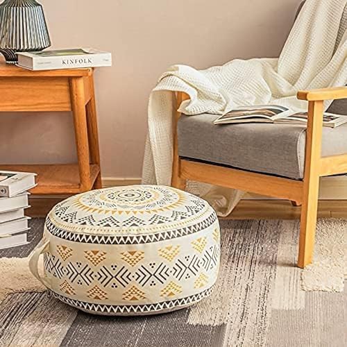 MOCOFO Unstuffed Round Pouf Cover, Boho Geometric Ottoman Footstool Cover with Handle, Decorative Floor Pillow & Storage Bean Bag for Living Room, Nursery, Patio (Yellow,18x18x8)