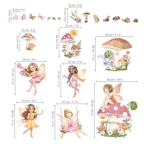 decalmile Pink Fairy Girls Wall Decals Large Mushroom Flower Butterfly Wall Stickers Girls Bedroom Baby Nursery Kids Room Wall Decor
