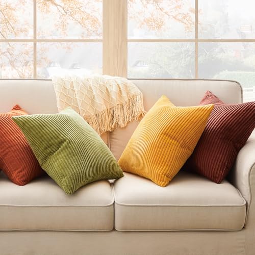 Topfinel Fall Burnt Orange Decorative Throw Pillows Covers 18x18 Inch Set of 4,Yellow Green Gradient Series Corduroy Striped Square Pillow Case,Western Modern Cushion Cover for Couch Sofa Bedroom