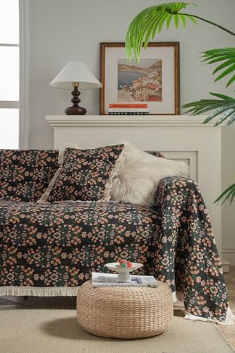 70x149 Bohemian Black Floral Sofa Slipcover with Handmade Tassels - Polyester/Linen/Cotton Blend, Multi-Size Furniture Protector