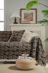 70x149 Bohemian Black Floral Sofa Slipcover with Handmade Tassels - Polyester/Linen/Cotton Blend, Multi-Size Furniture Protector