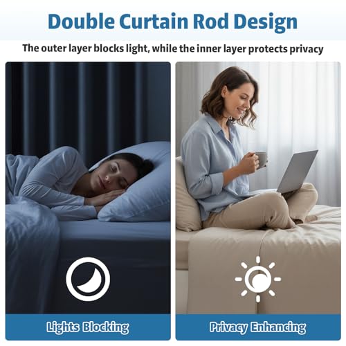 Black Double Curtain Rod 38 to 92 Inches, Blackout Wrap Around Curtain Rod for Windows, 6/8 Inch Room Darkening Telescoping Double Drapery Rod, Easy Install for Rentals & Apartments