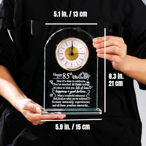Ornalrist Happy 85th Birthday Quartz Clock Plaque Gifts for Women Men, 85 Years Old Birthday Presents for Parents Couple Wife Her, Glass Quartz Clock Plaque Home Office Desk Decor