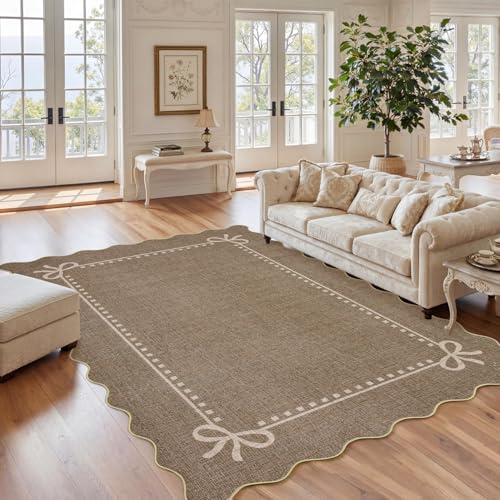Garvee Scalloped Bow Rug for Living Room Washable Solid Brown 6x9 Area Rugs