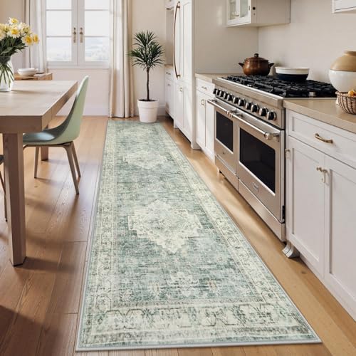 LIVEBOX Washable 2.5x10 Runner Rugs for Entryway Bathroom, Boho Kitchen Floor Mat Long Rug Runners for Hallways Non Slip, Farmhouse Low-Pile Carpet Runners for Laundry Room, Sage Green