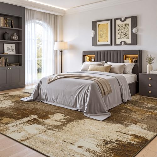 5x7 Brown Washable Area Rug Non-Slip Faux Wool Abstract Rug