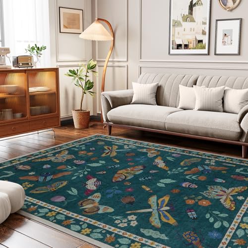 Lahome Insect Print 5x7 Area Rugs for Living Room, Soft Washable Rugs for Bedroom Ultra-Thin Non Slip Modern Rug, Throw Rug Carpet for Office Nursery Dining Room Vionnet(5'x7',Dark Green)