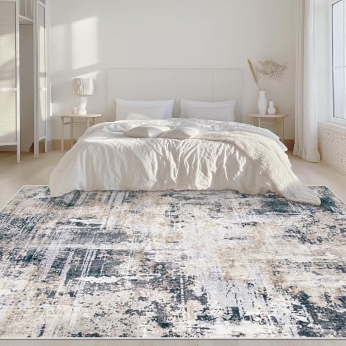 Area Rugs 6x9 Living Room: Washable Rug Modern Abstract Large Rugs Soft Non Slip Neutral Rug Stain Resistant Indoor Carpet for Bedroom Kitchen Dining Room Nursery Home Office Rugs(Black Brown,6'x9')