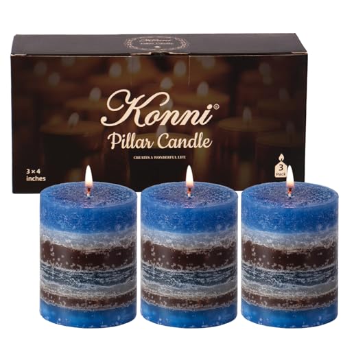 Layered Pillar Candles Set of 3, 3"x 4" Table Decor Blue Coffee