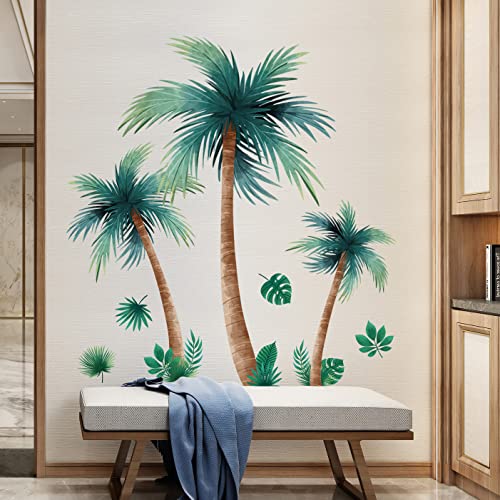3D Removable Tropical Rainforest Wall Sticker Brown Tree Green Leaves Wall Decal DIY Peel and Stick Coconut Tree Wall Decor for Kids Girls Boys Bedroom Living Room Nursery Classroom Playroom