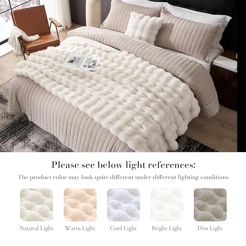 Amélie Home Faux Fur Throw Blanket for Couch, Ultra Soft Fuzzy Plush Bubble Throw for Sofa, Living Room & Home Decor, 50"x60", Cream White