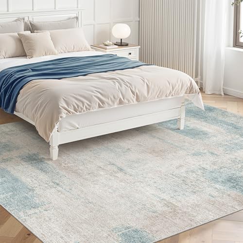 Washable Area Rug 5x7, Modern Abstract Carpet for Bedroom Blue