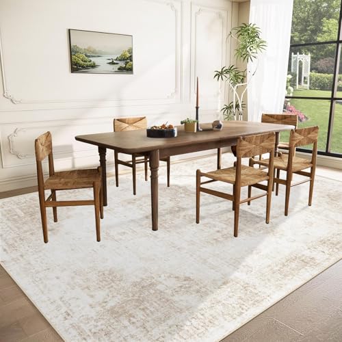 Area Rug 8x10 Washable Rug, Vintage Boho Medallion Rugs Non-Slip Soft Low Pile Large Distressed Rug Indoor Retro Carpet for Living Room Bedroom Dining Room Office Children's Room(Beige, 8'x10')