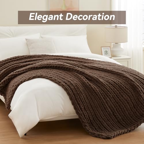 Negwoo Chunky Knit Throw Blanket, 50''*60'' Knitted Throw Chenille Yarn for Bed Couch, Handmade Dark Brown Crochet Big Thick Blanket, Machine Washable Cute Comfy Blanket for Home Decor