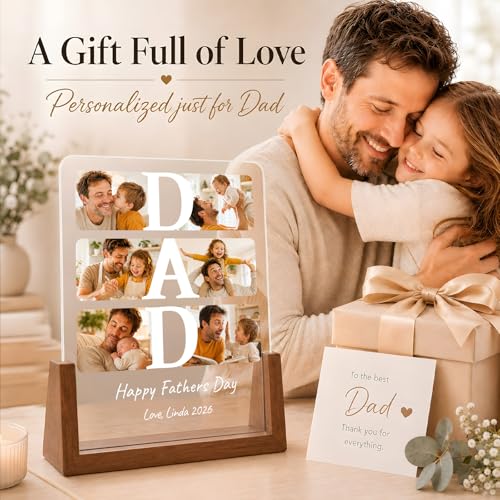 Personalized Fathers Day Gift for Dad, Custom Acrylic Picture Frame Night Light with Walnut Base, Unique Dad Gift from Daughter Son Kids Wife