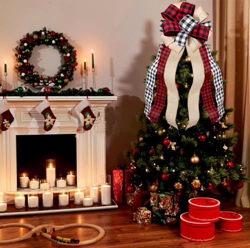 Christmas Tree Topper Large Buffalo Plaid Burlap Red and Black Gift Bow for Xmas Tree Handmade Holiday Party Decorations-13 x 29 Inch