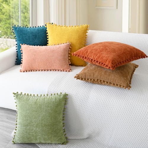CaliTime Throw Pillow Covers Decorative 20 X 12 Inches Pack of 2 Cozy Solid Dyed Soft Chenille Cushion Cases with Pom Poms for Couch Sofa Bed Living Room Home Apricot Brown