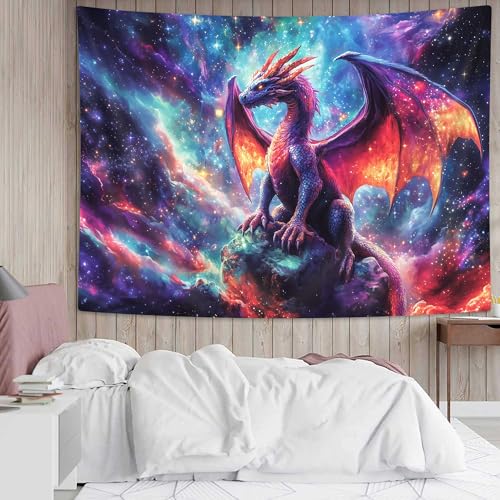 Purple Dragon Tapestry, Gothic Medieval Fantasy Animals Cool Dragon Tapestry for Bedroom Aesthetic, Nebula Starry Sky Tapestry Wall Hanging, Men Boys Poster Blanket College Dorm Home Decor, 40X30in
