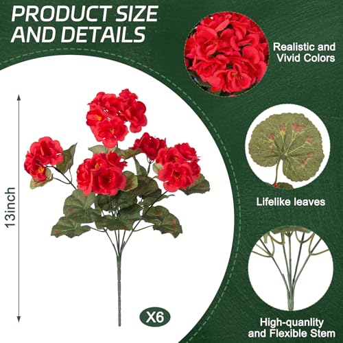 Ammyoo Artificial Geranium Flowers for Outdoors Decoration, 6 Pcs Fake Silk Geraniums Flower UV Resistant Look Real Faux Plants for Spring Garden Porch Planter Yard Table Centerpieces Decor