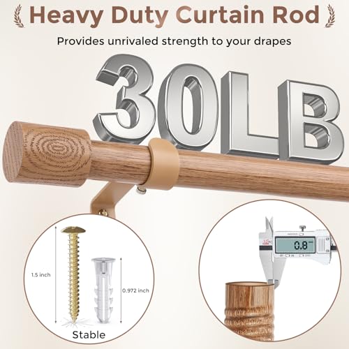 Wood Curtain Rods, 1'' Decorative Adjustable Rustic Farmhouse Drapery Rod, Heavy Duty Boho Curtain Pole for Windows 28 to 48 Inch with Imitation Wooden Grain Finials, (Light Wood/Unique Design)
