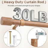 Wood Curtain Rods, 1'' Decorative Adjustable Rustic Farmhouse Drapery Rod, Heavy Duty Boho Curtain Pole for Windows 28 to 48 Inch with Imitation Wooden Grain Finials, (Light Wood/Unique Design)