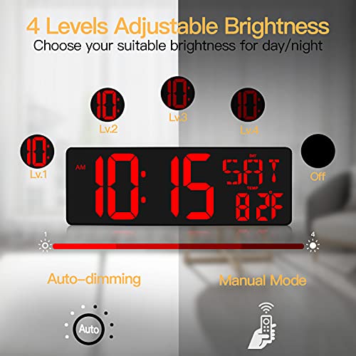 XREXS Large Digital Wall Clock with Remote Control, 16.5 Inch LED Large Display Count Up & Down Timer, Adjustable Brightness Alarm Clock with Day/Date/Temperature for Home, Gym, Office and Classroom