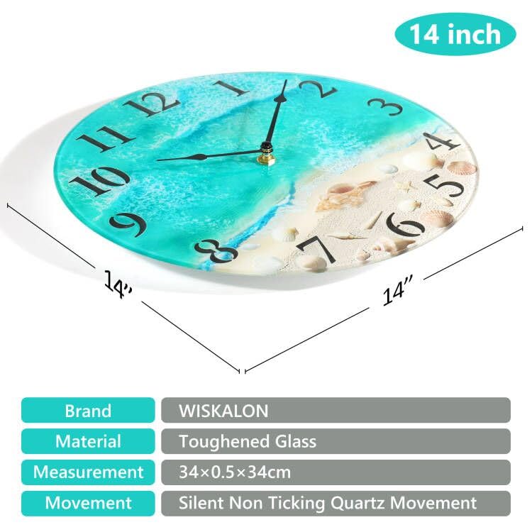 Coastal Nautical Glass Wall Clock with Seashell Design and Aesthetic Beach Theme - Battery Operated Silent Wall Decor for Home, Kitchen, Living Room, Office, Bedroom, or Bathroom (14 Inch,Teal)