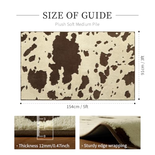 Cowhide Entryway Rugs 3x5 Ft, Washable Plush Soft Brown and Cream Cow Rug, Non-Slip High-Low Pile Animal Small Area Carpet for Bedside, Living Room, Door Entrance, Home Decor