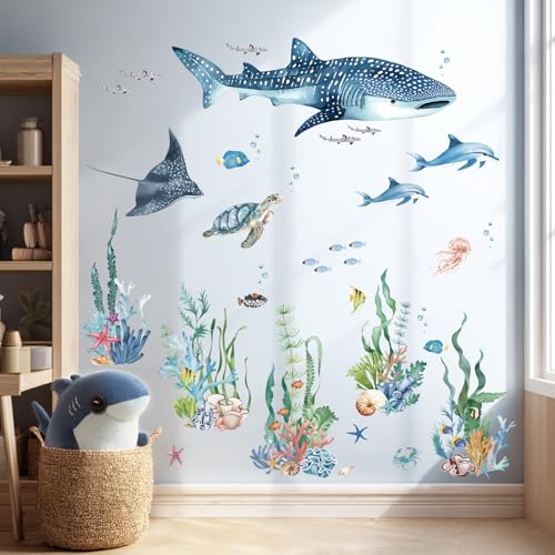 Ocean Animal Wall Decals,Large Sea Creature Wall Stickers,Under The Sea Fish Wall Art Decor for Kids Bathroom, Bedroom, Nursery, Living Room