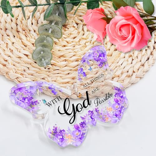 Purple Office Supplies Butterfly Acrylic Desk Decor for Women, Inspirational Christian Gifts with Bible Verse, Purple Desk Accessories, Religious Butterfly Home Decoration Birthday Gift