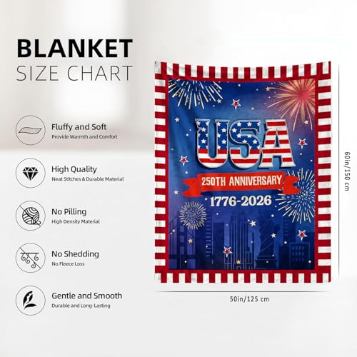 American 250th Birthday Decoration Throw Blanket, 250th Anniversary USA Birthday Blanket, Soft Flannel American 1776-2026 Blankets Gfit for Couch Bed National Holiday 60" x 50"